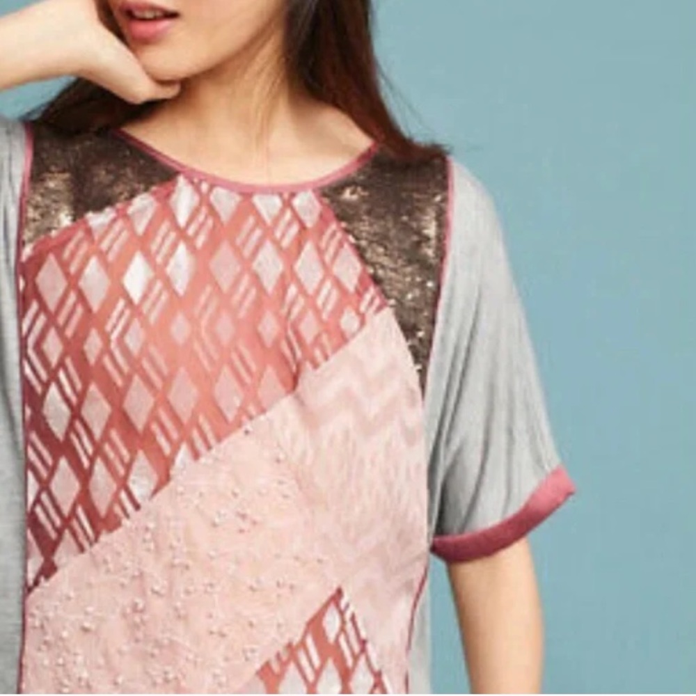 Anthropologie Patchwork Blouse Sequin Diamond Flo… - image 3